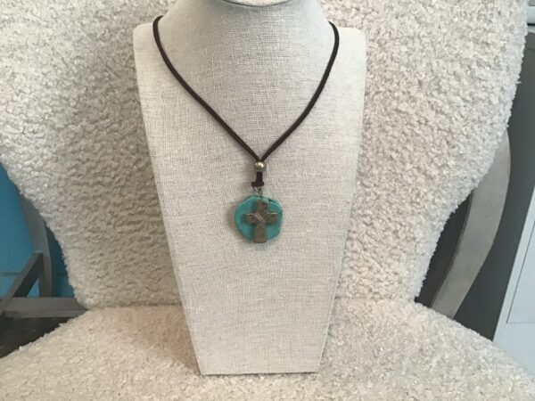 Silver Colored Cross on Turquoise Colored Stone Necklace - Image 3
