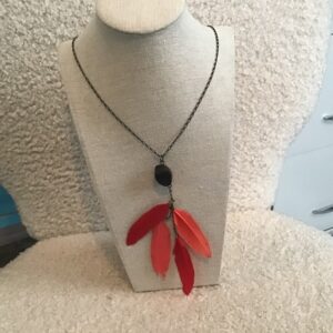 Red and Pink Feather and Black Faux Stone Earrings and Necklace Set