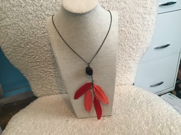 Red and Pink Feather and Black Faux Stone Earrings and Necklace Set