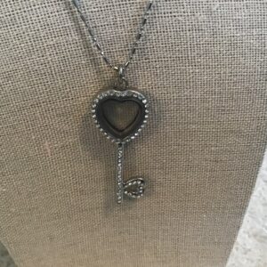 Heart/Skeleton Key Silver Colored Locket with Sparkling Stones