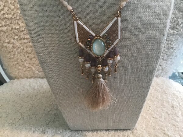 V Shaped Tassel Necklace Blue Stone (or Faux Moonstone)