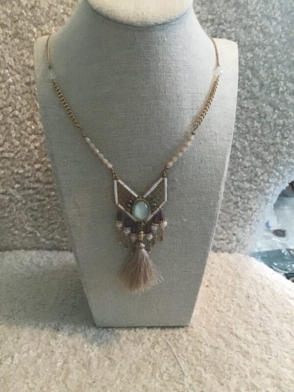 V Shaped Tassel Necklace Blue Stone (or Faux Moonstone) - Image 3