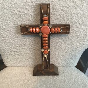 Orange and Clear Bead Wood Cross