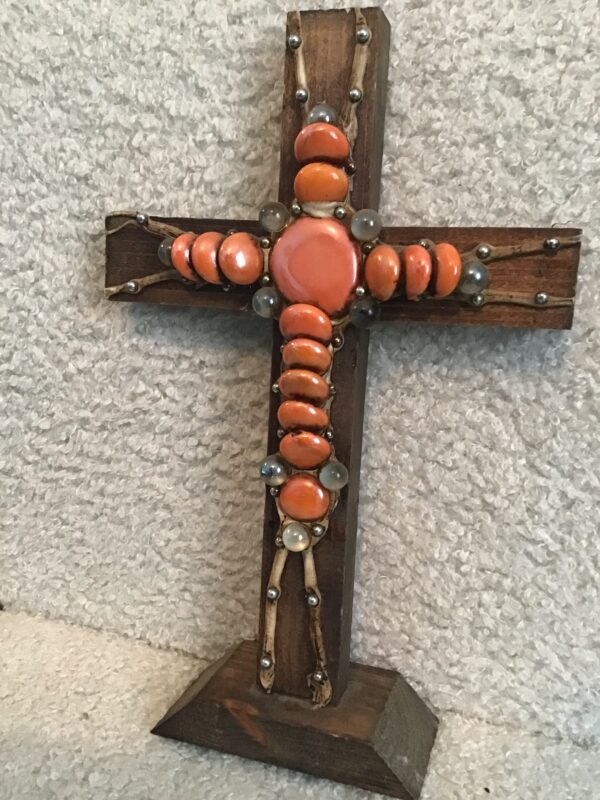 Orange and Clear Bead Wood Cross - Image 3