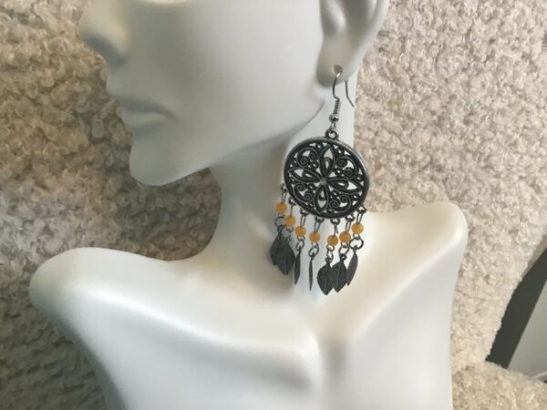Metal Dream Catcher and Yellow Bead Earrings - Image 2