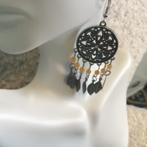 Metal Dream Catcher and Yellow Bead Earrings