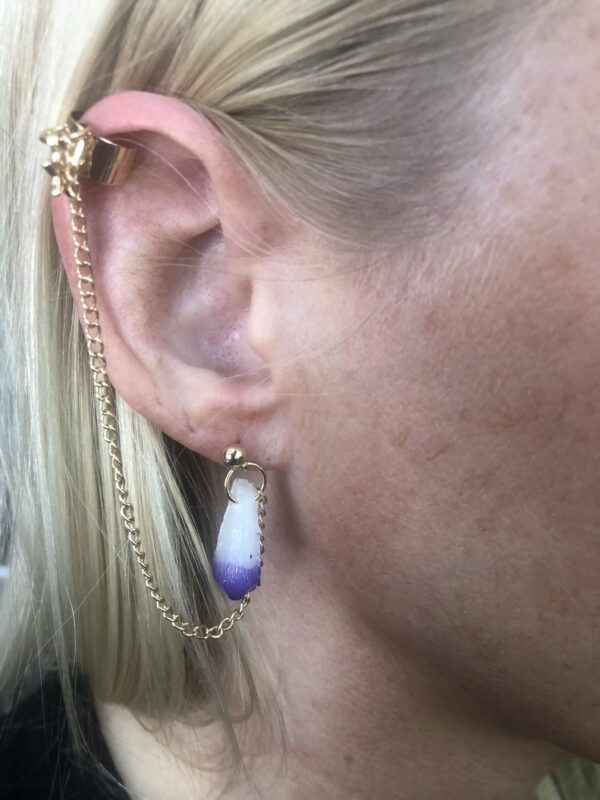 Purple and White Dangling Earrings (One Side Has Earcuff) - Image 2