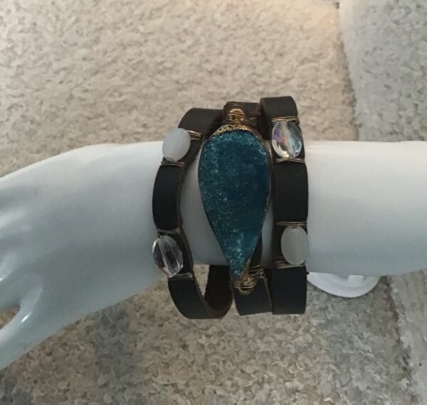 Turquoise Colored Stone and Bead Bracelet (Either Leather or Faux Leather) - Image 2