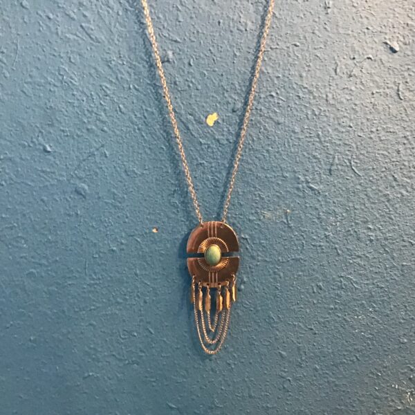 Oval Shaped Necklace (Hanging Feathers, Turquoise Colored Stone) - Image 3