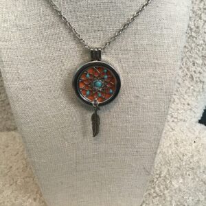 Silver Colored Orange Backed Dream Catcher Necklace (Single Feather and Turquoise Beads)