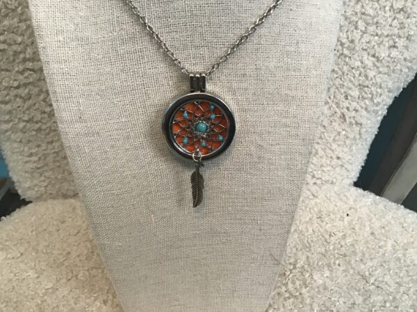Silver Colored Orange Backed Dream Catcher Necklace (Single Feather and Turquoise Beads)