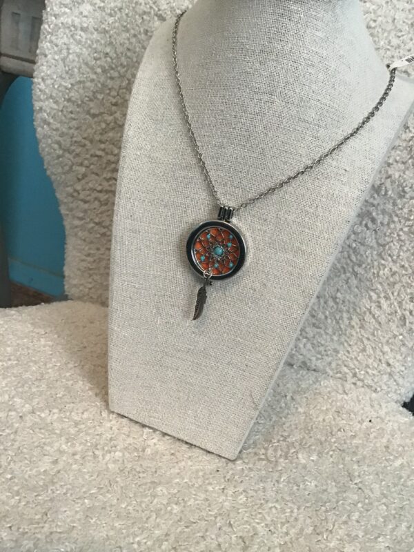 Silver Colored Orange Backed Dream Catcher Necklace (Single Feather and Turquoise Beads) - Image 3