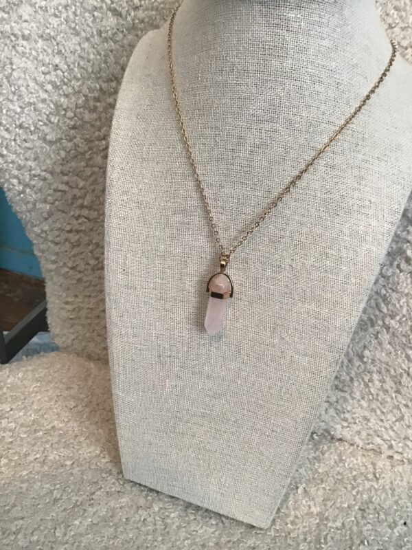 Faux Rose Quartz Necklace (Crystal Shaped, Gold Colored Chain) - Image 6