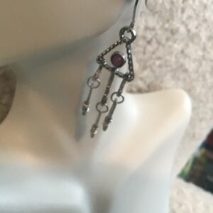 Retro Geometric Triangle with Pink Beads and Dangling Strands Earrings