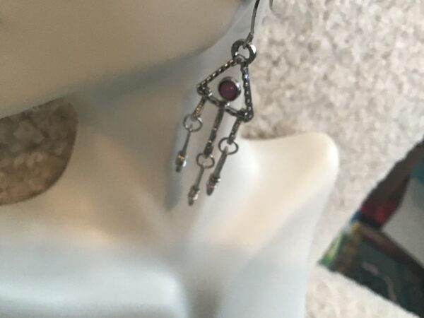Retro Geometric Triangle with Pink Beads and Dangling Strands Earrings
