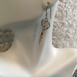 Sterling Silver Heart Shaped Dream Catcher Earrings (Red Bead)