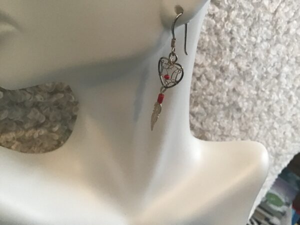 Sterling Silver Heart Shaped Dream Catcher Earrings (Red Bead)