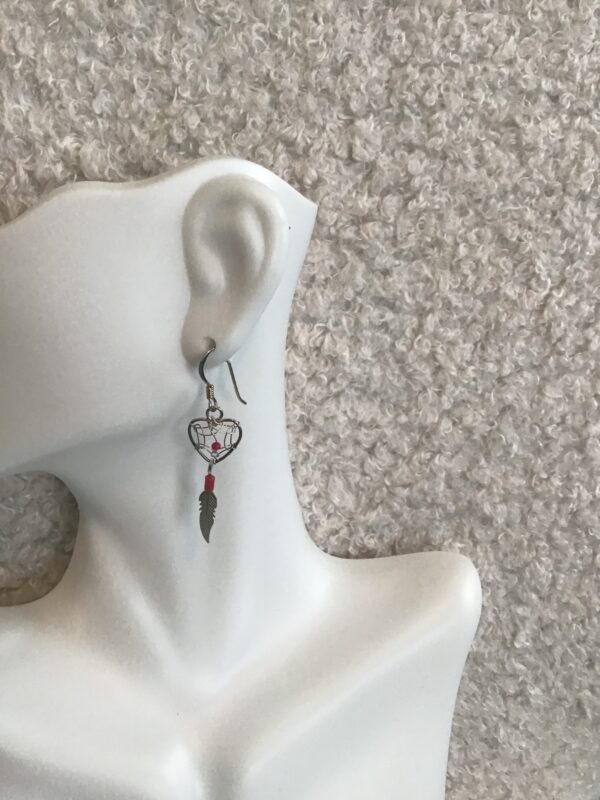 Sterling Silver Heart Shaped Dream Catcher Earrings (Red Bead) - Image 3