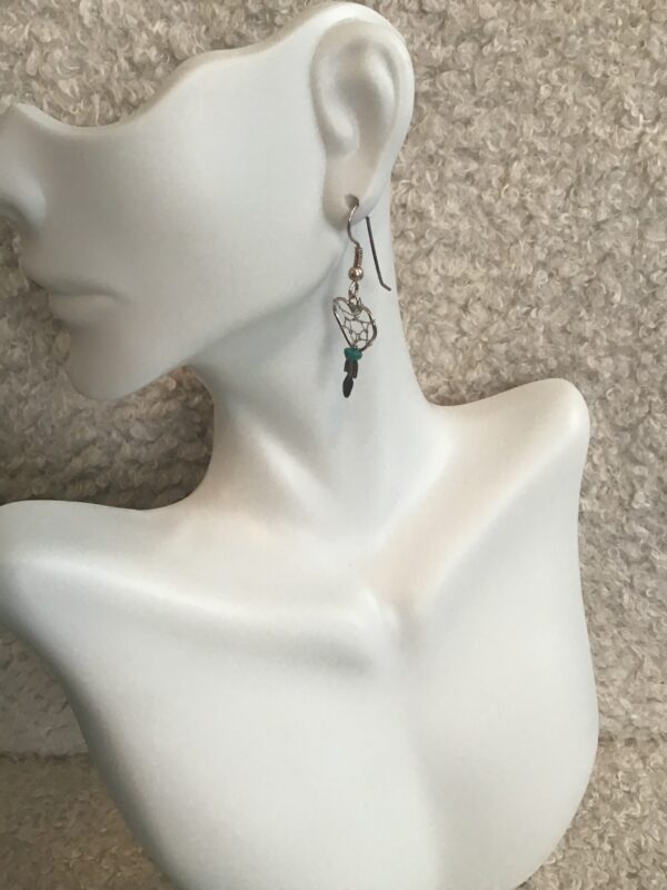 Sterling Silver Heart Shaped Dream Catcher Earrings (Turquoise Colored Beads) - Image 3