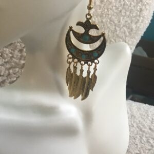 Gold and Turquoise Colored Crescent Moon Dream Catcher Earrings