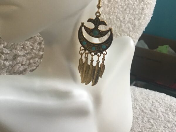 Gold and Turquoise Colored Crescent Moon Dream Catcher Earrings