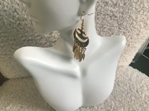 Gold and Turquoise Colored Crescent Moon Dream Catcher Earrings - Image 4