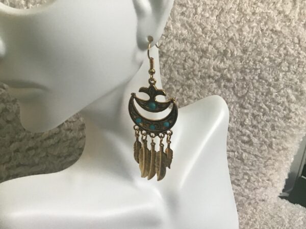 Gold and Turquoise Colored Crescent Moon Dream Catcher Earrings - Image 3