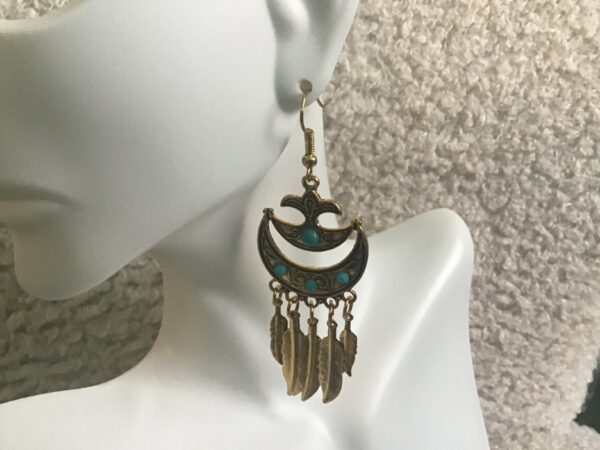 Gold and Turquoise Colored Crescent Moon Dream Catcher Earrings - Image 5