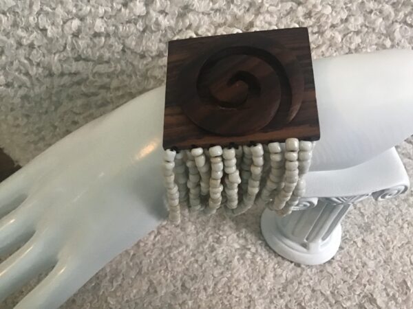 White Bead and Wood Spiral Symbol Necklace