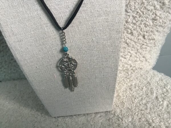 Metal Silver Colored Dream Catcher Pendant with Turquoise Colored Bead - Image 4