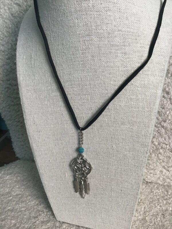 Metal Silver Colored Dream Catcher Pendant with Turquoise Colored Bead - Image 3