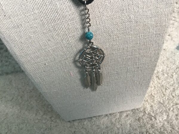 Metal Silver Colored Dream Catcher Pendant with Turquoise Colored Bead